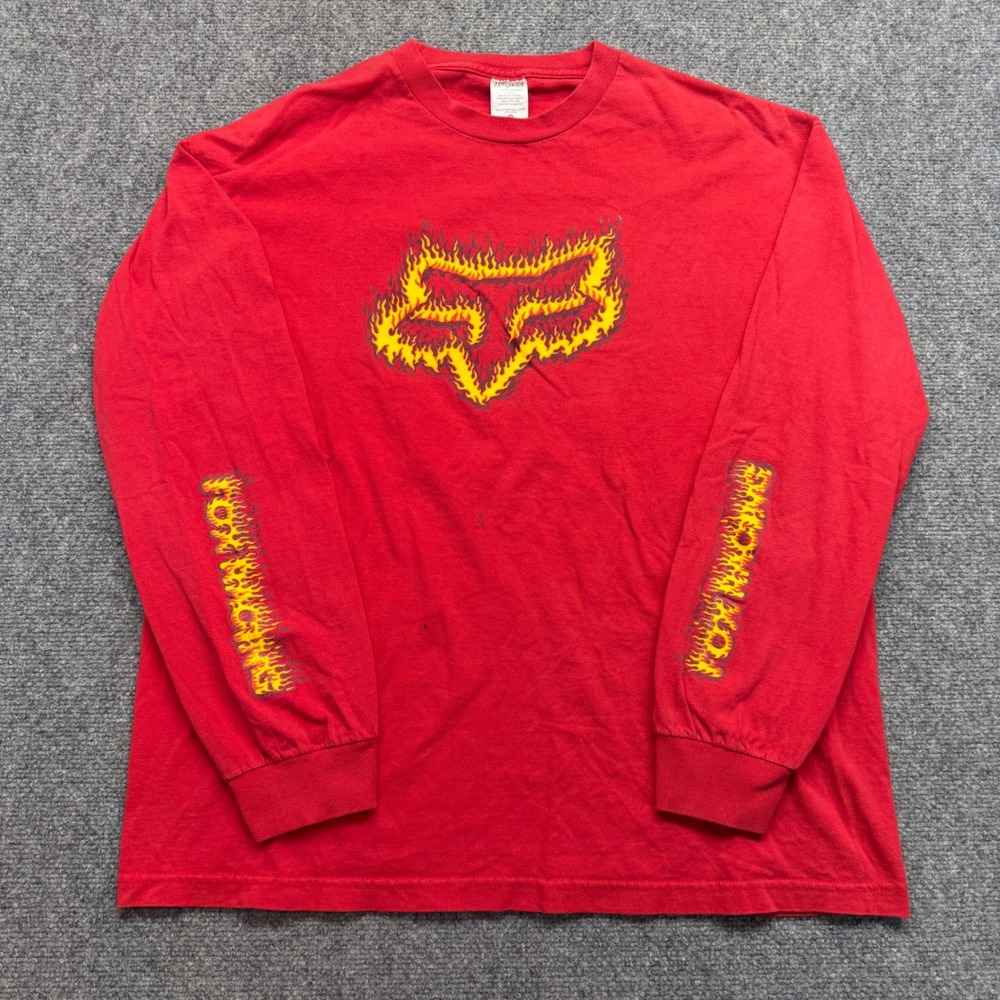 Y2K Fox Racing Mens Red Flame Logo Graphic Long Sleeve T-Shirt XL Motocross